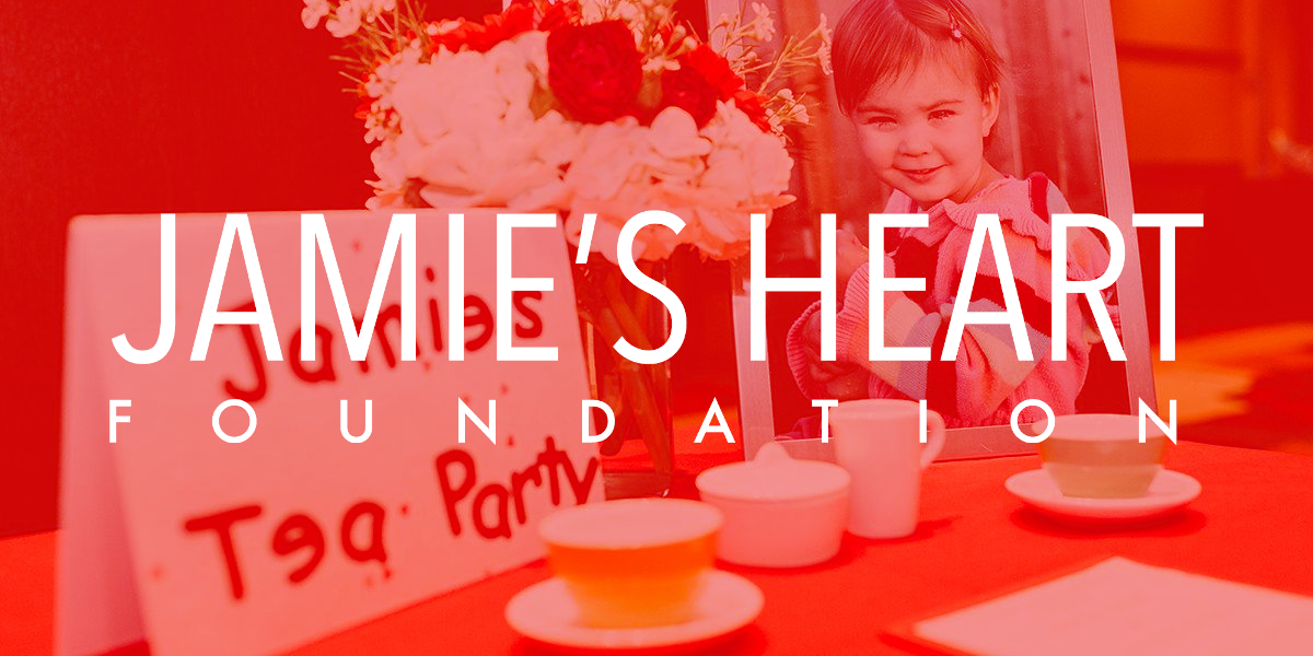 A picture of the Jamie's Heart Foundation logo with a tea party behind it